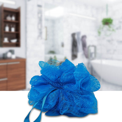 Blue Nylon Cleaning Puff on Blurred Bathroom Background