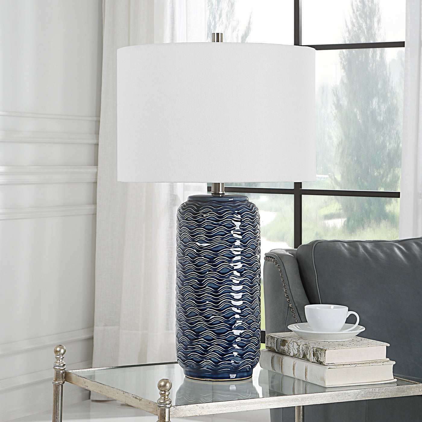 The Patagonia - Table Lamp With Blue Ceramic and White Waves Base