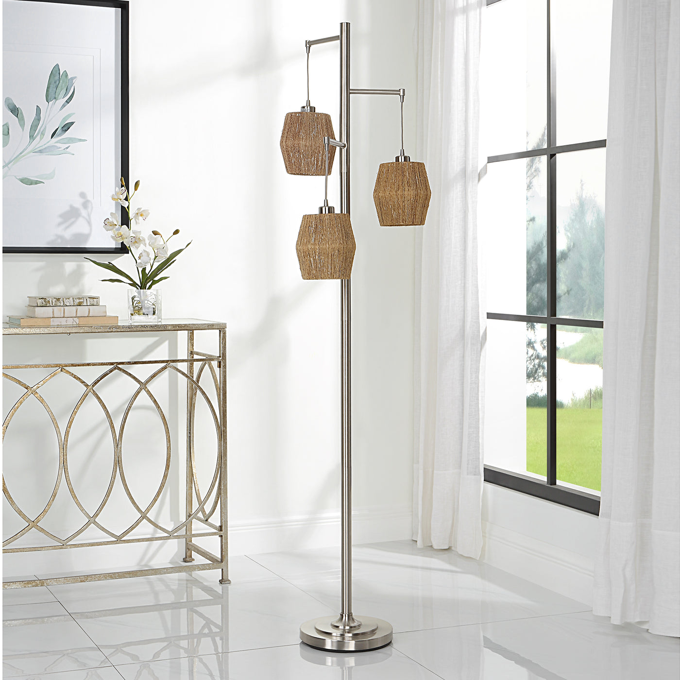 The Maldives - Pendant Floor Lamp With Brushed Nickel Stand and Woven Shades