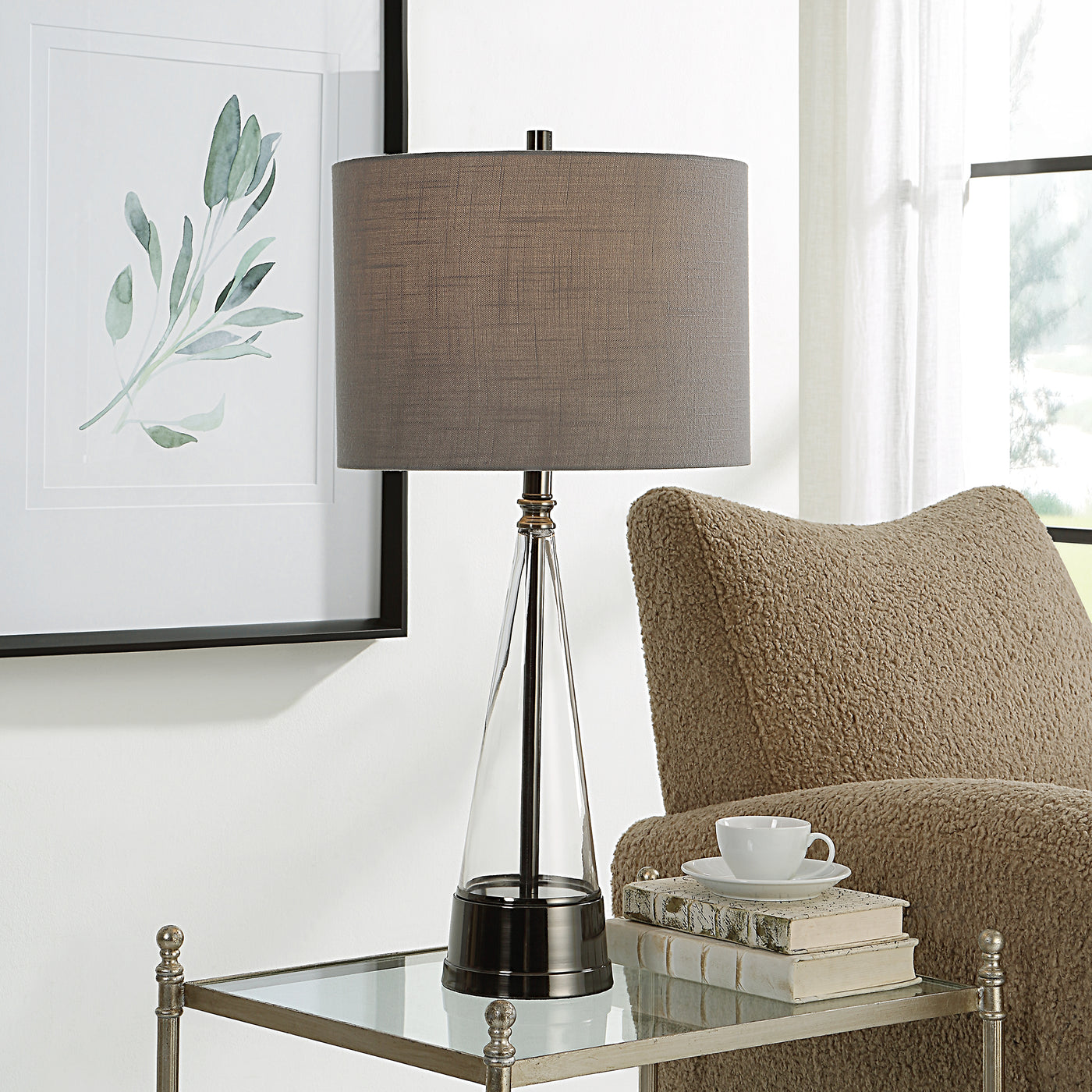 The Tahiti Dark Nickel Table Lamp with Conical Glass –