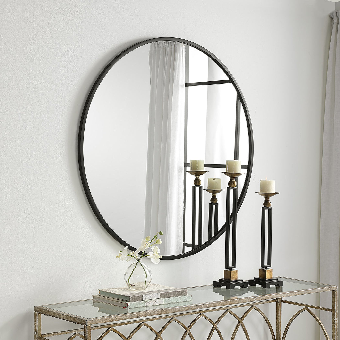 The Sag Harbor - Large Black Round Framed Bathroom Vanity Mirror - Glass.com