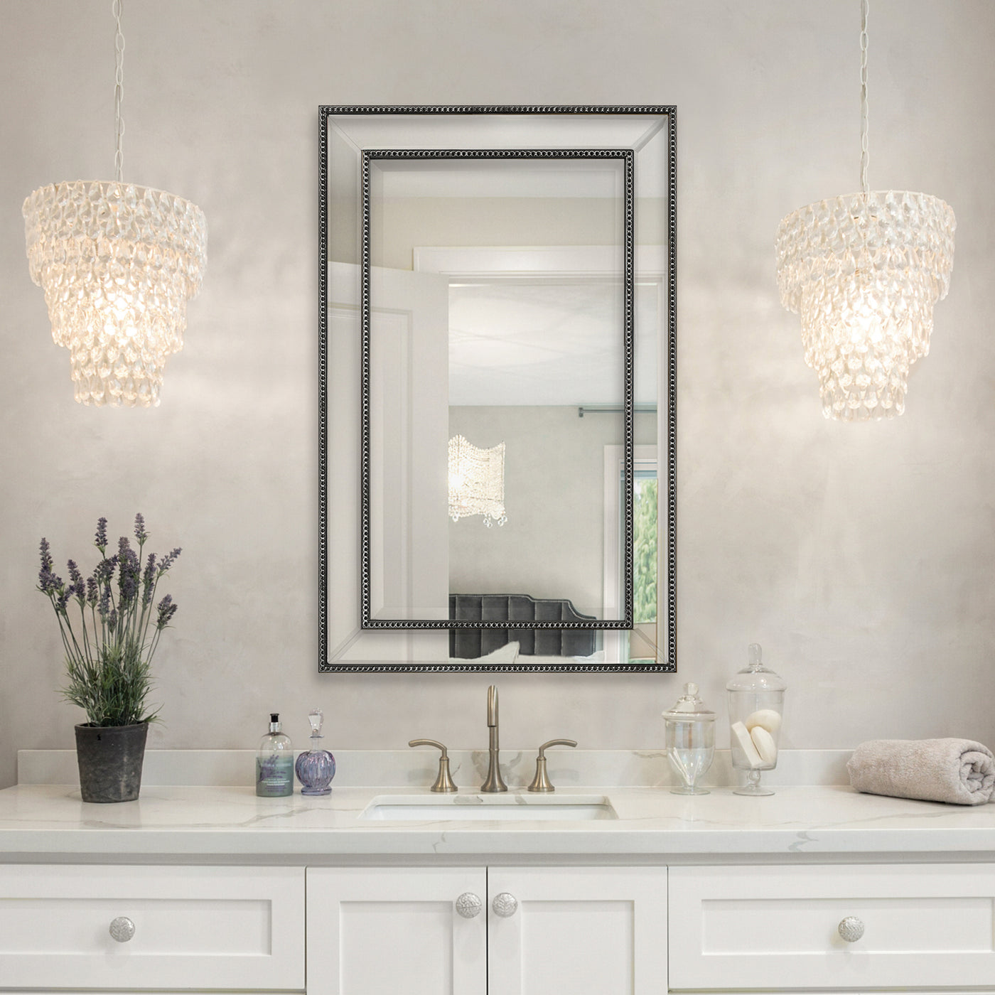 The Carmel - Beaded Black Framed Mirror with Mirrored Frame