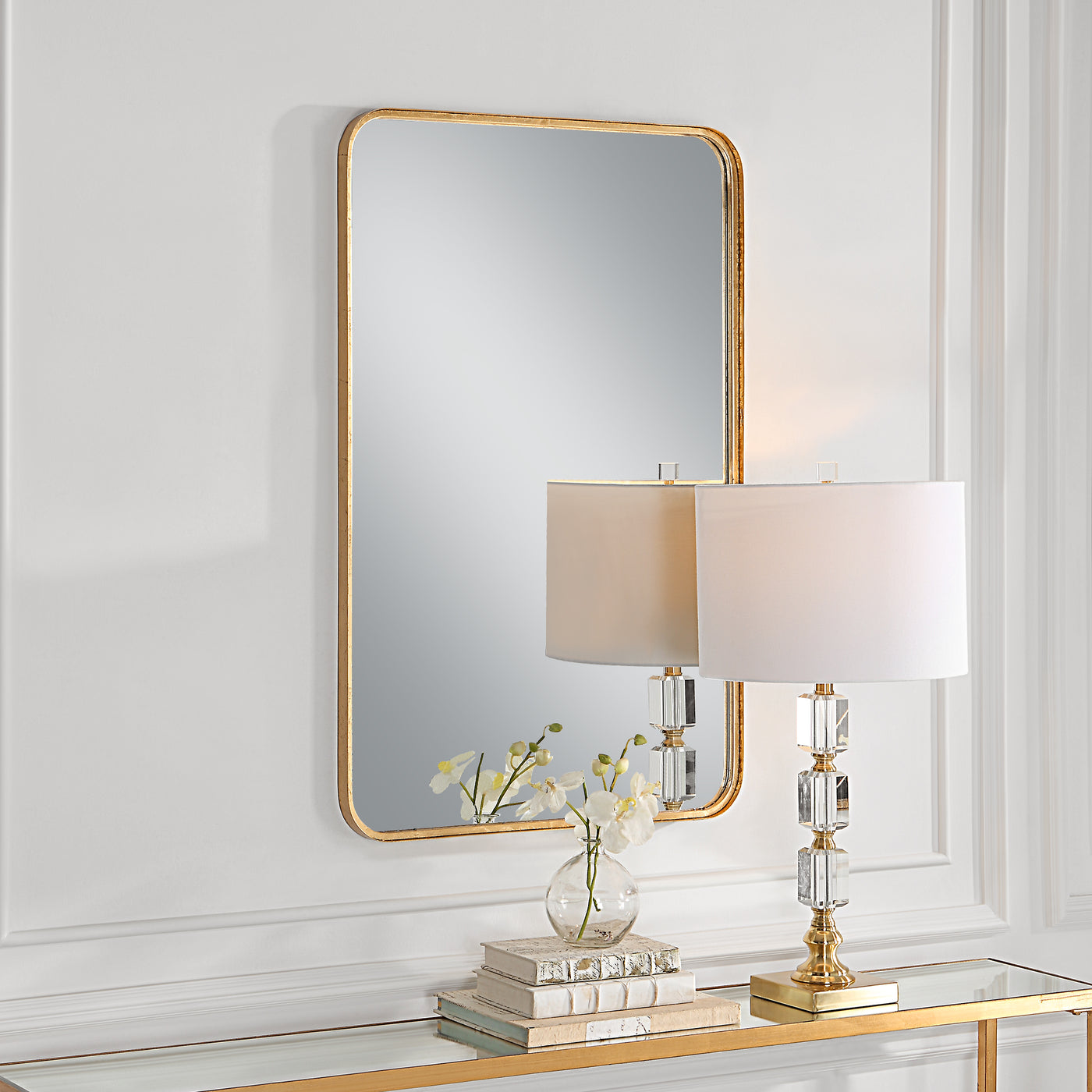 The Natchez - Rectangular Gold Framed Vanity Mirror with Rounded Corners