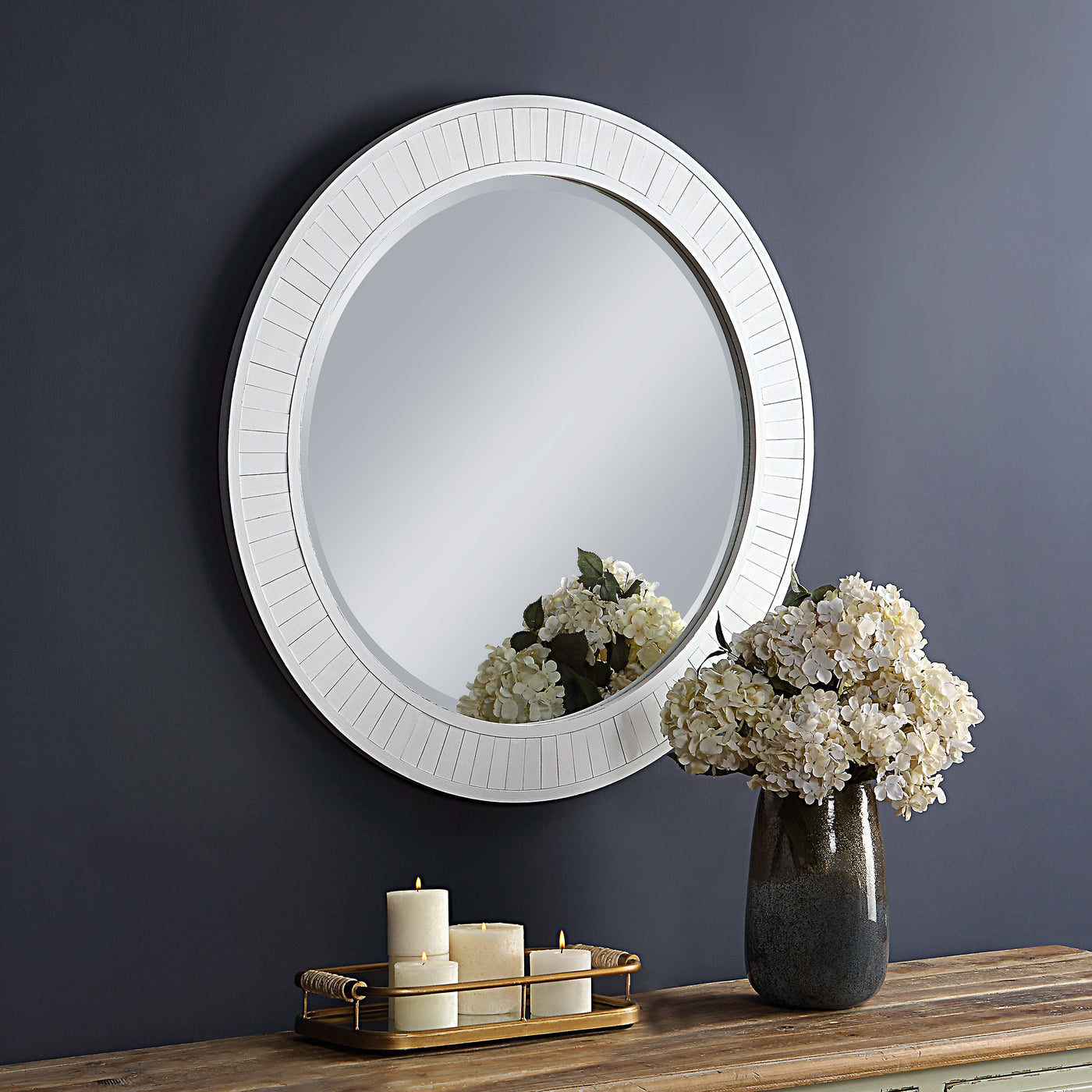 The Cooperstown - Round Mirror with Whitewashed Weathered Pine Wooden Frame